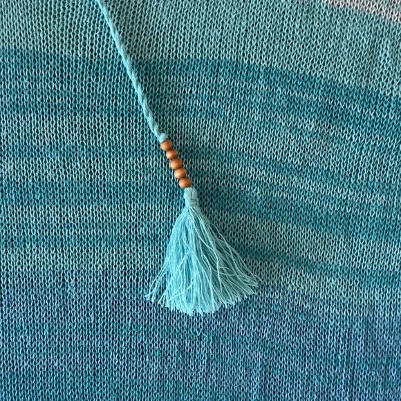 J.JILL 100% Linen‎ Open Knit Blue/Aqua Ombre Tunic-V-neck Tassels-Size M - Picture 4 of 16
